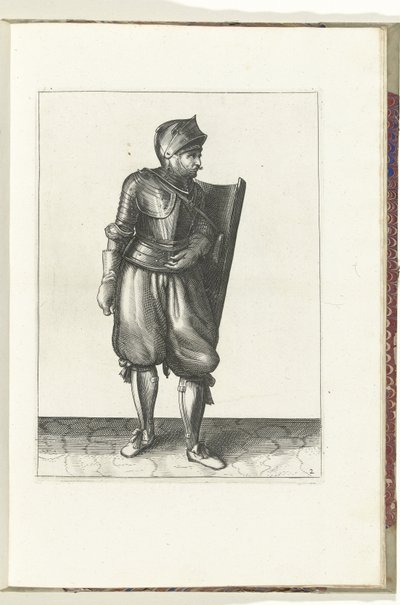 Øvelsen med skive og griber: soldaten bringer skiven fra ryggen over venstre skulder (nr. 2), 1618 Nassausche Wapen-Handelinge, van Schilt, Spies, Rappier and the Targe: beyde figuerlick afbildet, og det indrammede efter den nye orden [af] (... af Adam van Breen