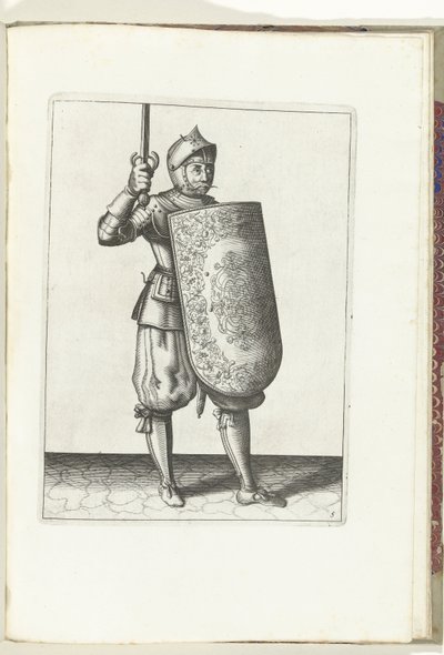 Mål- og raperøvelsen: Soldaten holder den tegnede griber ikke højere end sit ansigt (nr. 5), 1618 Nassausche Wapen-Handelinge, van Schilt, Spies, Rappier and the Targe: beyde figuerlick afbildet, og indrammet efter den nye orden [af] af Adam van Breen
