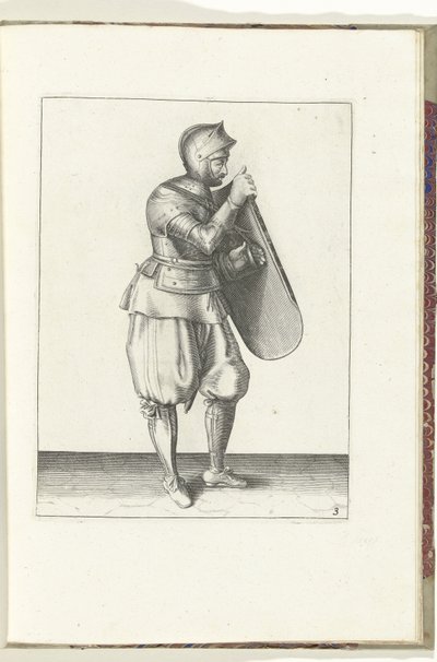 Boret med skiven og griberen: soldaten holder skiven med højre hånd og griber bæltet med venstre (nr. 3), 1618 Nassausche Wapen-Handelinge, van Schilt, Spies, Rappier and the Targe: beyde figuerlick afbildet, og indrammet efter af Adam van Breen