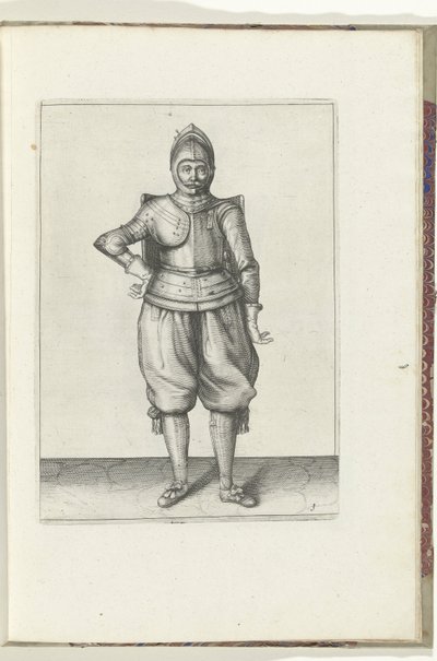 Boret med skiven og griberen: soldaten i hvile med skiven på ryggen (nr. 1), 1618 Nassausche Wapen-Handelinge, van Schilt, Spies, Rappier and the Targe: beyde figuerlick afbildet, og indrammet efter den nye orden [af] (...) Maurits van Nassa af Adam van Breen