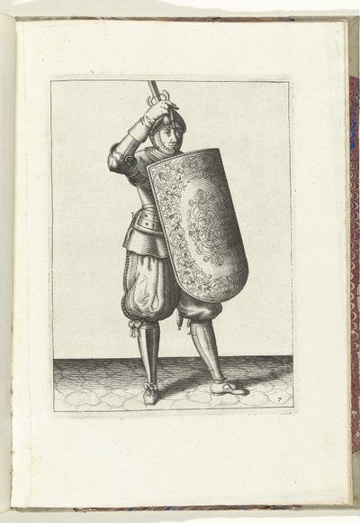 Boret med skiven og griberen: hvordan soldaten skal lukke visiret på sin hjelm med skiven og den trukne griber i hånden (nr. 7), 1618 Nassausche Wapen-Handelinge, van Schilt, Spies, Rappier and the Targe: beyde figuerlick afbildet, og af Adam van Breen