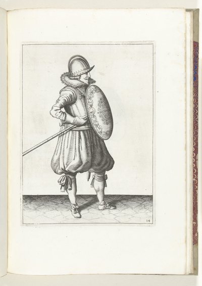 Skjold- og piggeøvelsen: Soldaten flytter piggen til trækposition på to gange, anden bevægelse (nr. 14), 1618 Nassausche Wapen-Handelinge, van Schilt, Spies, Rappier and the Targe: beyde figuerlick afbildet, ende indrammet efter den nye af Adam van Breen