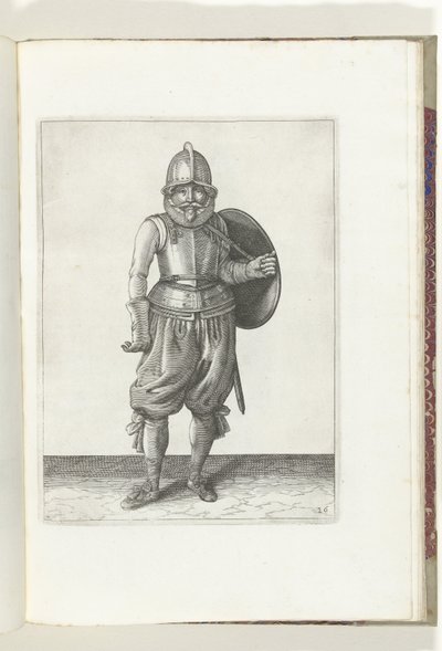 Skjold- og piggeøvelsen: Soldaten returnerer skjoldet til ryggen med sin venstre arm (nr. 26), 1618 De Nassausche Wapen-Handelinge, van Schilt, Spies, Rappier and the Targe: beyde figuerlick afbildet, ende indrammet efter den nye orden [af] (.. af Adam van Breen
