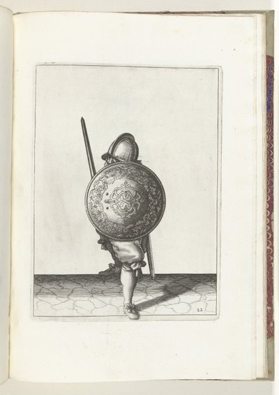 Skjold- og piggeøvelsen: Soldaten i forsvarsposition med den ene fod foran og hans griber og skjold på knæet foran kroppen, set forfra (nr. 22), 1618 The Nassausche Weapons Act, af Schilt, Spies, Rappier og Targ af Adam van Breen
