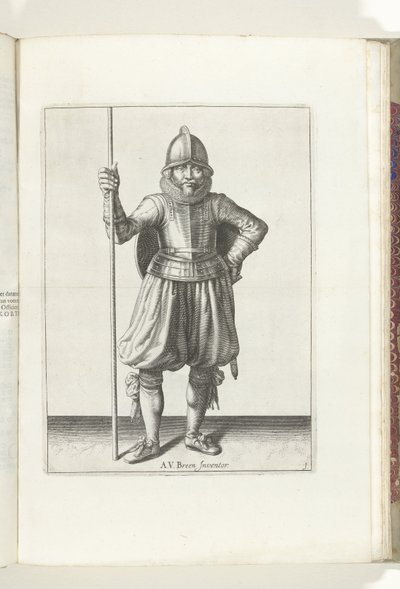 Skjold- og spidsøvelsen: Soldaten i hvile, spids i hånden og skjold på ryggen (nr. 1), 1618 The Nassausche Wapen-Handelinge, van Schilt, Spies, Rappier and the Targe: beyde figuerlick afbildet, ende indrammet efter den nye orden [af] ( af Adam van Breen