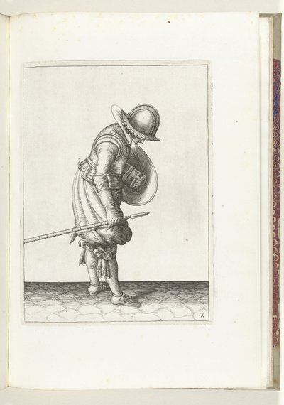 Skjold- og piggeøvelsen: Soldaten sætter piggen på jorden ved siden af ​​sin højre fod (nr. 16), 1618 Nassausche Wapen-Handelinge, van Schilt, Spies, Rappier and the Targe: beyde figuerlick afbildet, og indrammet efter den nye orden [af] (...) M af Adam van Breen