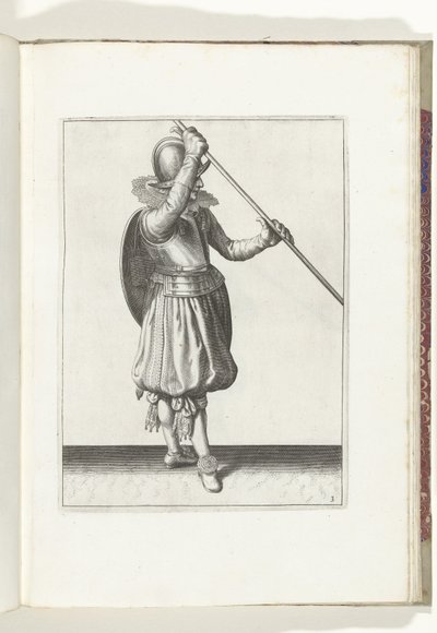 Skjold- og piggeøvelsen: Soldaten med piggen vinklet i begge hænder med højre hånd ved hovedet og skjoldet på ryggen (nr. 3), 1618 Nassausche Wapen-Handelinge, van Schilt, Spies, Rappier og målet: beyde figuerlick afbildet, slut af Adam van Breen