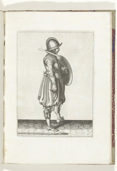 Skjold- og piggeøvelsen: Soldaten med skjoldet klar og piggen på jorden ved siden af ​​sin højre fod (nr. 17), 1618 Nassausche Wapen-Handelinge, van Schilt, Spies, Rappier and the Targe: beyde figuerlick afbildet, ende indrammet efter den nye af Adam van Breen