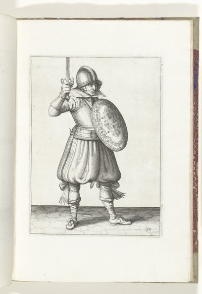 Skjold- og piggeøvelsen: Soldaten præsenterer sin rapier med hånden ikke højere end sit ansigt (nr. 19), 1618 Nassausche Wapen-Handelinge, van Schilt, Spies, Rappier and the Targe: beyde figuerlick afbildet, og indrammet efter den nye orden af Adam van Breen