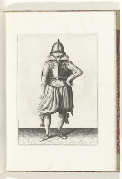 Skjold- og piggeøvelsen: Soldaten stående i ro med skjoldet på ryggen (nr. 27), 1618 Nassausche Wapen-Handelinge, van Schilt, Spies, Rappier and the Targe: beyde figuerlick afbildet, og det indrammede efter den nye orden [af] (...) Maurits v. af Adam van Breen