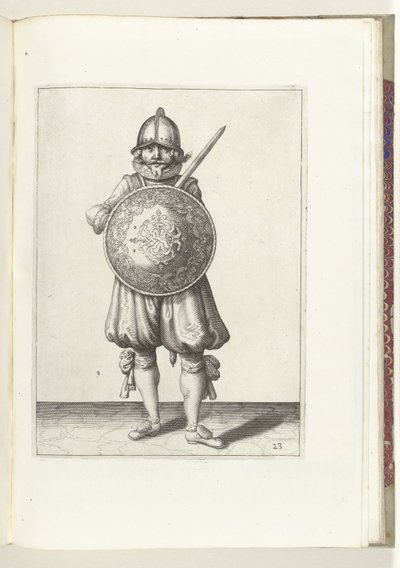Skjold- og piggeøvelsen: Soldaten stående i ro, hans rapier hviler på venstre skulder bag skjoldet (nr. 23), 1618 Nassausche Wapen-Handelinge, van Schilt, Spies, Rappier and the Targe: beyde figuerlick afbildet, ende indrammet efter n af Adam van Breen