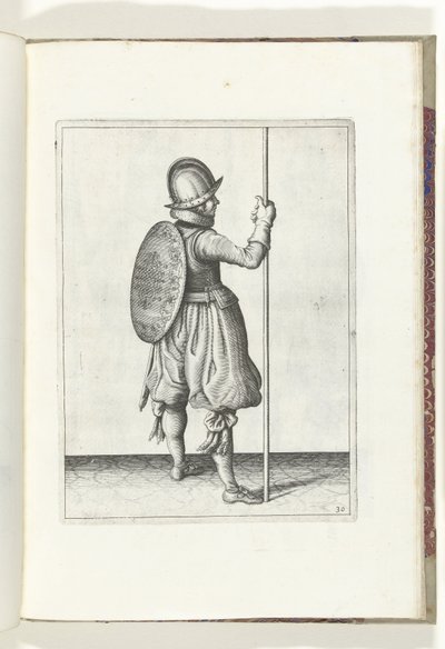 Skjold- og piggeøvelsen: Soldaten stående med piggen hvilende på jorden ved siden af ​​højre fod (nr. 30), 1618 Nassausche Wapen-Handelinge, van Schilt, Spies, Rappier and the Targe: beyde figuerlick afbildet, og indrammet efter den nye orden af Adam van Breen
