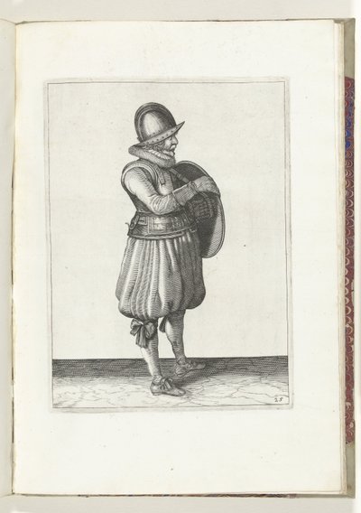 Skjold- og piggeøvelsen: Soldaten trækker sin arm fra skjoldets bælte (nr. 25), 1618 Nassausche Wapen-Handelinge, van Schilt, Spies, Rappier and the Targe: beyde figuerlick afbildet, og indrammet efter den nye orden [af] (...) Maurits af Adam van Breen