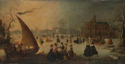 Landskab med frossen kanal, skatere og en isbåd af Adam van Breen
