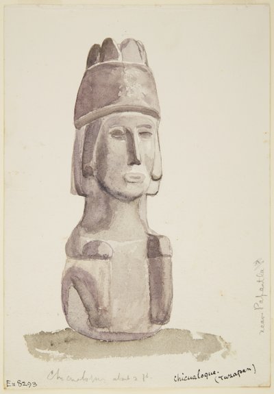 2 fod høj stenstatue af et menneskehoved fra Chicualoque, nær Papantla (akvarel) af Adela Breton