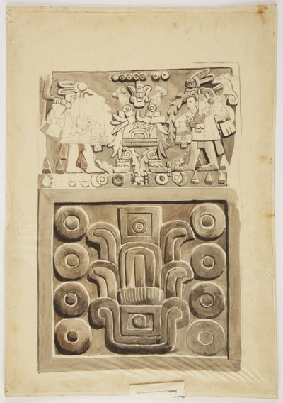 Et stenrelief fra Mexico City, der øverst viser to figurer af krigere, der vender mod et centralt dekoreret 