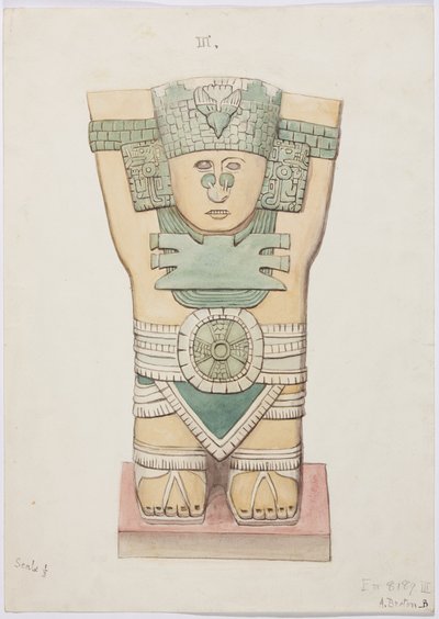 Akvarelkopi af stuccofacaden på templet på pyramiden ved Acanceh Fuld skala To rækker figurer inden for en trinformet ramme Figur 1-5 (akvarel) af Adela Breton
