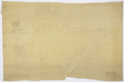 Kopi af en sporing af et vægmaleri fra oven over døren, Jaguarernes øvre tempel, Chichen Itza, Mexico Blyant 