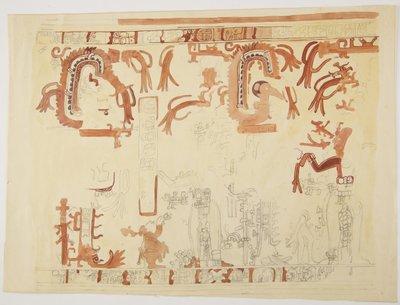 Design fra en gryde Belize (tidligere Britisk Honduras) Design omfatter menneskelige figurer og fjerbeklædte slanger (akvarel) af Adela Breton