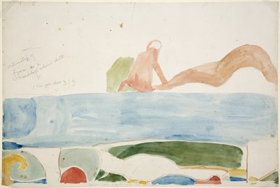 Maleri af en del af et vægmaleri (abstrakt afbildning af menneskeofring) fra over den indvendige dør, indre kammer i Jaguarernes øvre tempel, Chichen Itza, Mexico (akvarel) af Adela Breton