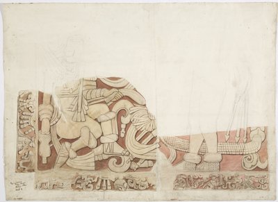 Del af et alter ved Jaguarernes øvre tempel, tempel E, Chichen Itza, Mexico af Adela Breton