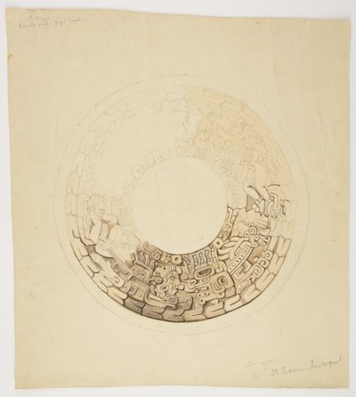 Grydedæksel fra Belize (tidligere Britisk Honduras) Cirkulært design, hvoraf en del mangler, viser et design med figurer af mænd, glyffer osv. (akvarel) af Adela Breton