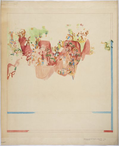 Kvartskala kopi af et vægmaleri fra den nordlige ende af østvæggen, indre kammer, Jaguarernes øvre tempel, Great Ball Court, Chichen Itza, Mexico (akvarel, kropsfarve, rødt blæk og grafit) af Adela Breton