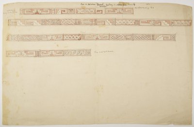 Ruiner/stenrelieffer ved templet i Uxmal, Mexico, der viser frise (akvarel) af Adela Breton