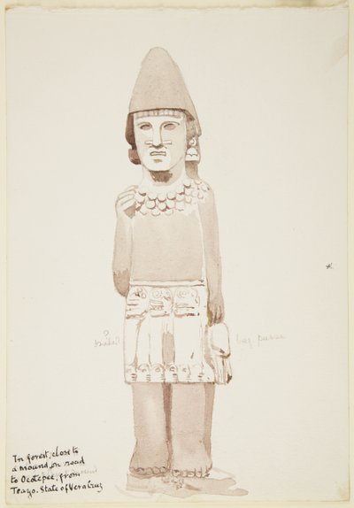 Statue fra Teayo, det nordlige Veracruz, Mexico Viser stenstatue med mandsfigur iført kilt (akvarel) af Adela Breton