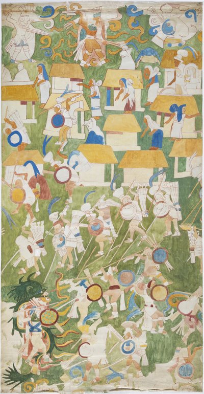 Sporing af et vægmaleri fra det sydlige panel af vestvæggen, Jaguarernes øvre tempel, Chichen Itza, Mexico (akvarel og grafit) af Adela Breton