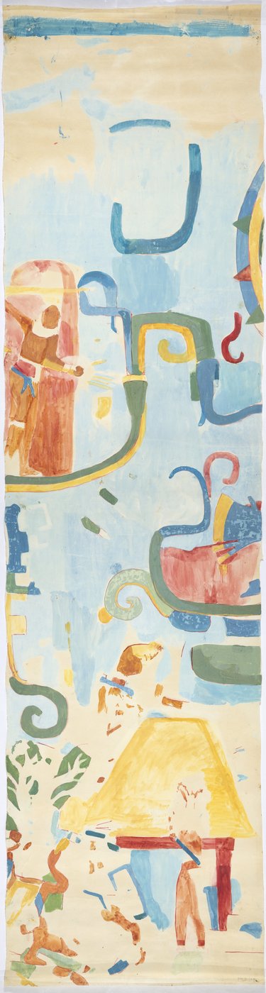 Sporing af et vægmaleri Nordvæggen i det indre kammer, Jaguarernes øvre tempel (Maudsleys tempel AT), Chichen Itza, Mexico (akvarel og kropsfarve) af Adela Breton