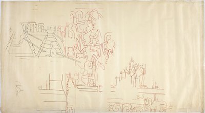 Sporing af et vægmaleri fra Casa de Monjas, Chichen Itza, Mexico Tegnet og sværtet med sort og rød blæk (rød & sort blæk & grafit) af Adela Breton