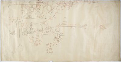 Sporing af et vægmaleri fra Casa de Monjas, Chichen Itza, Mexico hvælving i stort kammer (rød, sort & brun blæk & grafit) af Adela Breton