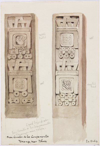 To søjler, der begge viser stenrelieffer, Cerritos de los Campamentos, Tenago, nær Toluca, Mexico (akvarel) af Adela Breton