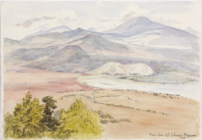Udsigt fra Cerro del Calvario, Patzcuaxo på den ene side af papiret og på den anden side er en udsigt over den gamle fæstning og stenhøje, Iguatcho fra Cerro del Calvario, Patzcuaro, Michoacan, Mexico (akvarel) af Adela Breton