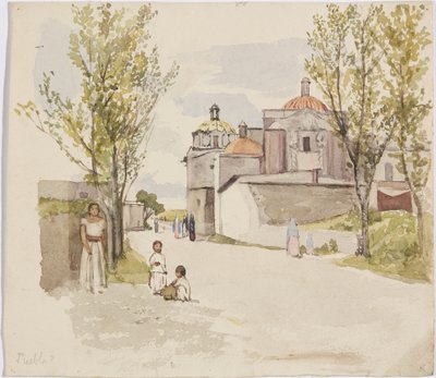 Udsigt over en landsbygade med kvinder og børn - Puebla (?), Mexico (akvarel og grafit) af Adela Breton