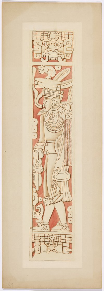 Krigerfigur på dørkarmene mellem det indre og ydre kammer i Jaguarernes Øvre Tempel (akvarel) af Adela Breton