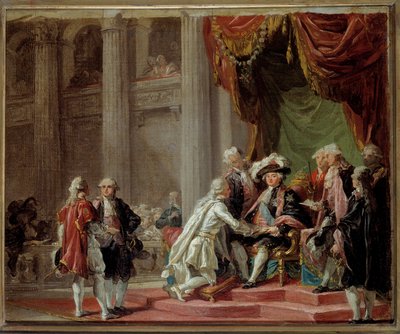 Modtagelse af en ridder af Sankt Lazarus orden af Jerusalem og Vor Frue af Karmelbjerget af den sidste stormester, greven af Provence (fremtidig kong Ludvig XVIII) (1755-1824) under Ludvig XVI. Maleri af Adelaide Labille Guiard (1749- 1803) 1788 omkring af Adelaide Labille Guiard