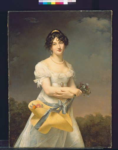 Portræt af Amélie-Justine Laidin de la Bouterie, født Pontois, med en hat fyldt med blomster af Adele Romany