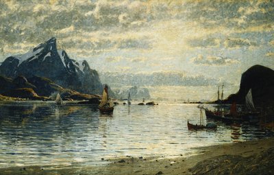 En fjordscene med sejlerfartøjer, af Adelsteen Normann