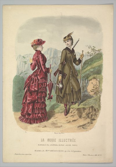 En dame i et jagtkostume med en dame i gåkostume på en bjergsti fra La Mode..., 1881. af Adèle Anaïs Colin