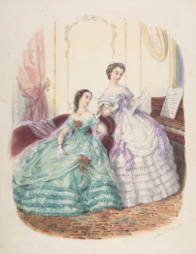 Modestudie: To kvinder i aftenkjole, ca. 1860. af Adèle Anaïs Colin