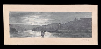 Tynes udmunding med North og South Shields i måneskin, ca. 1840 (akvarel, opkradsning, papir) af Admiral Sir Edward Gennys Fanshawe