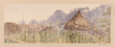 Segu-stammens landsby og hovedhus eller ved Manuk- eller Segur-floden fra Vestindien, Nordamerika og Borneo scrapbog af Admiral Sir Edward Gennys Fanshawe