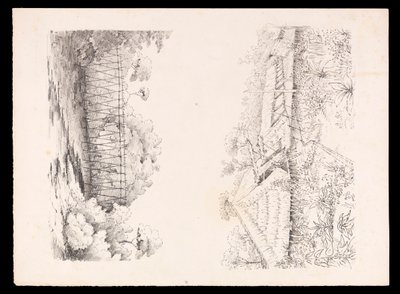 Stang-stammens landsby, Sarawak, Borneo; og en bro af pæle over en flod fra West Indies, North American and Borneo scrapbook, ca. 1845 (litografi) af Admiral Sir Edward Gennys Fanshawe