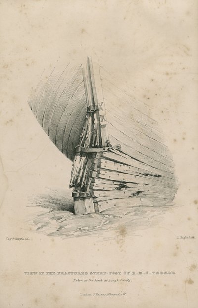 Udsigt over den brækkede agterstolpe af H.M.S. Terror: taget på stranden ved Lough Swilly af Admiral William Henry Smyth