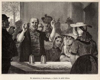 En retraktor, i en kro i Kruiningen, laver sit nummer foran opmærksomme tilskuere, indgraveret efter tegningen af Adolf Dillens, der illustrerer en rejse til Zelande (Neerlande), i 1873, af Charles de Coster, udgivet i "Le tour du monde ” 1874, redigeret af Adolf Alexander Dillens