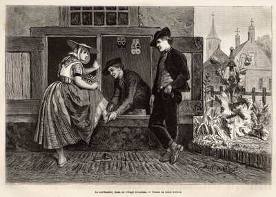 En skomager i en Zelandansk landsby får en ung kvinde til at prøve en sko ledsaget af en ung mand, gravering efter tegningen af Adolf Dillens, der illustrerer en rejse til Zelande (Neerlande), i 1873 af Charles de Coster, udgivet i "Le tour du monde” 1874, af Adolf Alexander Dillens