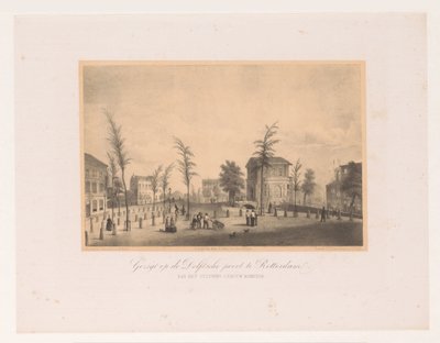 Udsigt over Delftse Poort i Rotterdam Udsigt over Delftsche-porten i Rotterdam / kommer fra stationsbygningen (titel på objekt) Society for Promotion of Toonkunst, dets musikfestival og byen Rotterdam. minde om året 1854 (se af Adolf Carel Nunnink