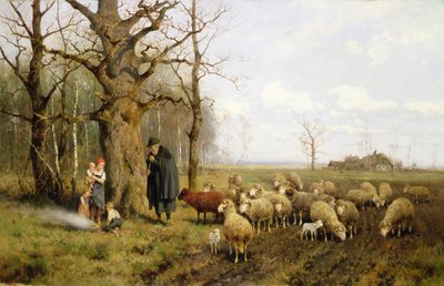 Børn med en hyrde og får i et landskab (olie på lærred) af Adolf Ernst Meissner